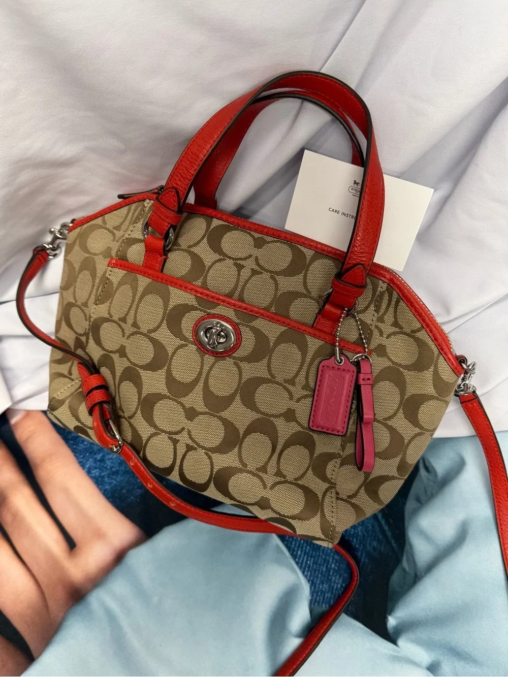 (new+tag) Coach Signature Khaki Crossbody Satchel Leather Trim Size 12 x 7 inch - Picture 1 of 11